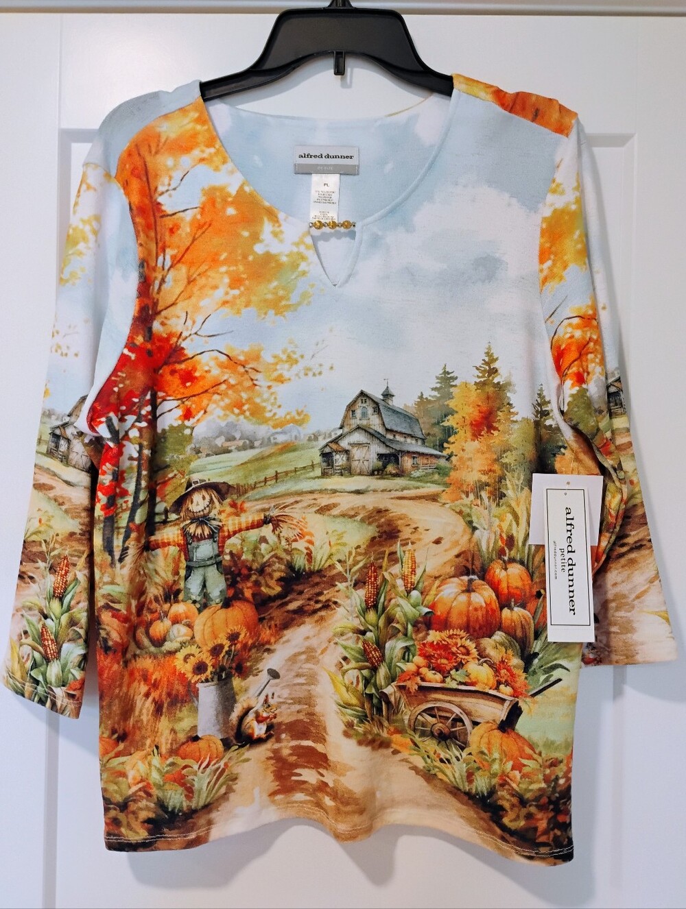 NWT PL Alfred Dunner Petites Classics Fall Foliage Scarecrow Print Top NEW